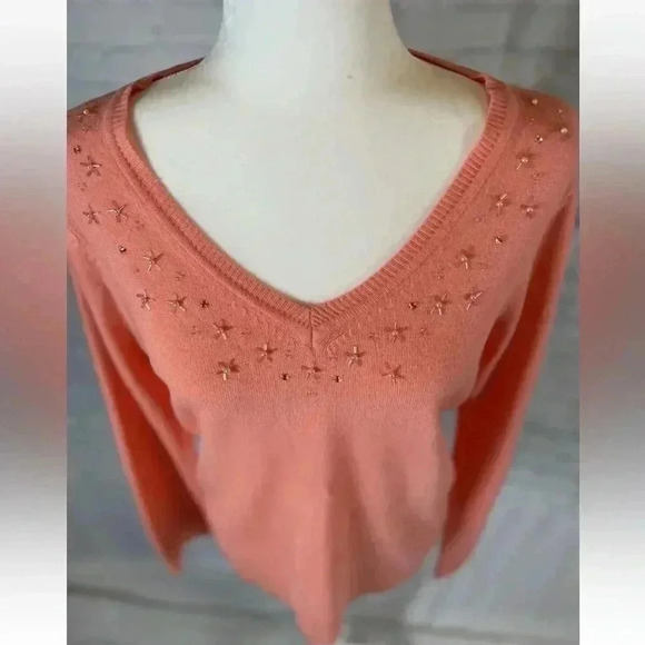 Basic Editions Women's V Neck Beaded Orange Melon Fine Knit Sweater Size M - Picture 2 of 13
